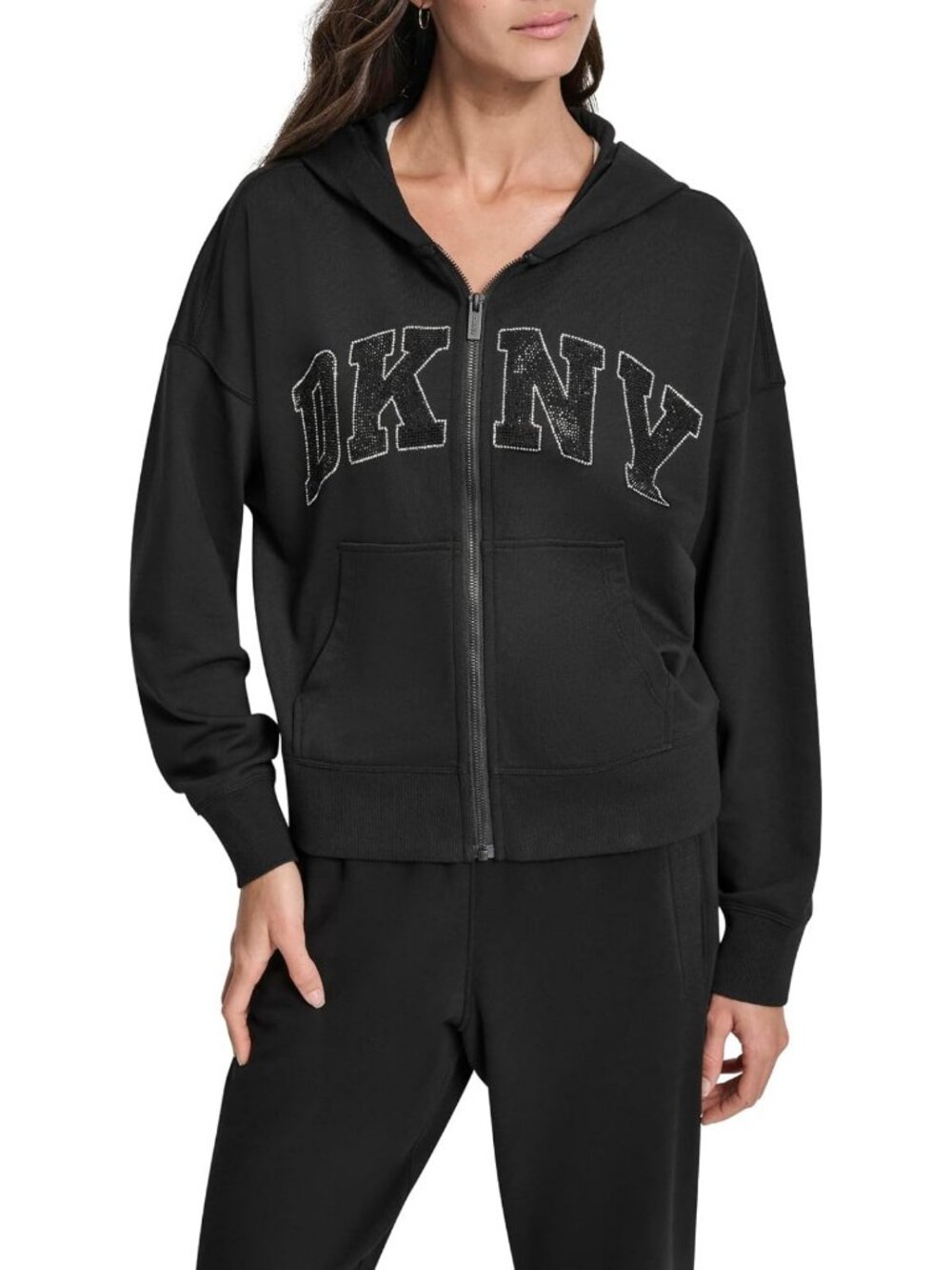 Chic Women's Full Zip Hoodie with Exploded Rhinestone Logo & Pockets